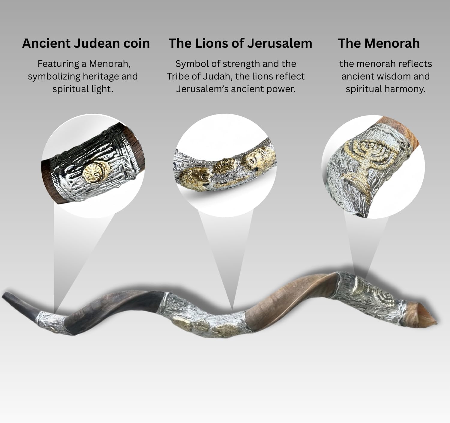 Kosher Kudu Shofar from Israel, 925 Sterling Silver With Gold Plating, Officially Signed Certificated Yemenite Kudu Shofar, Made in Israel (20"-24", Lions)