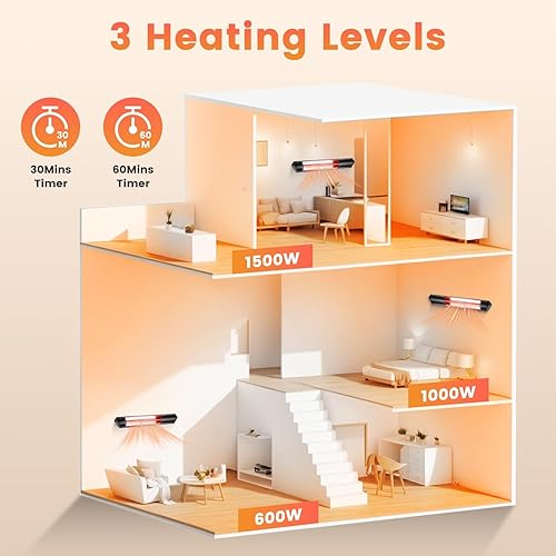 Miniatura 3 de Calentador eléctrico de 1500 W, calentador de espacio infrarrojo para interiores, calentador de patio al aire libre con soporte, 2 controles