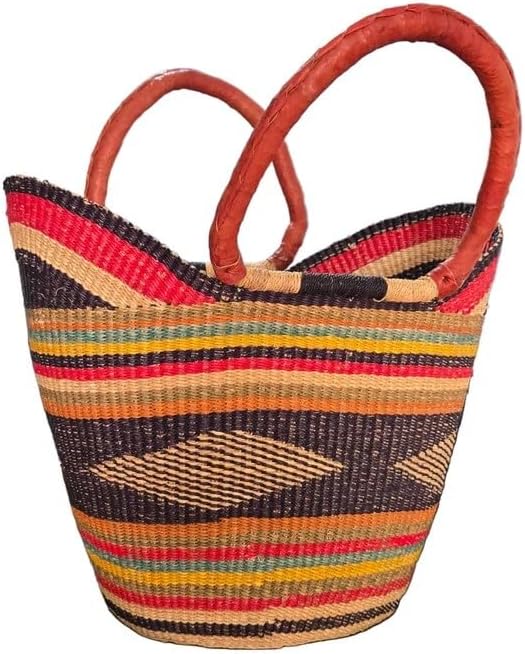Bolga U Shopper Basket with Leather Handles, Handwoven