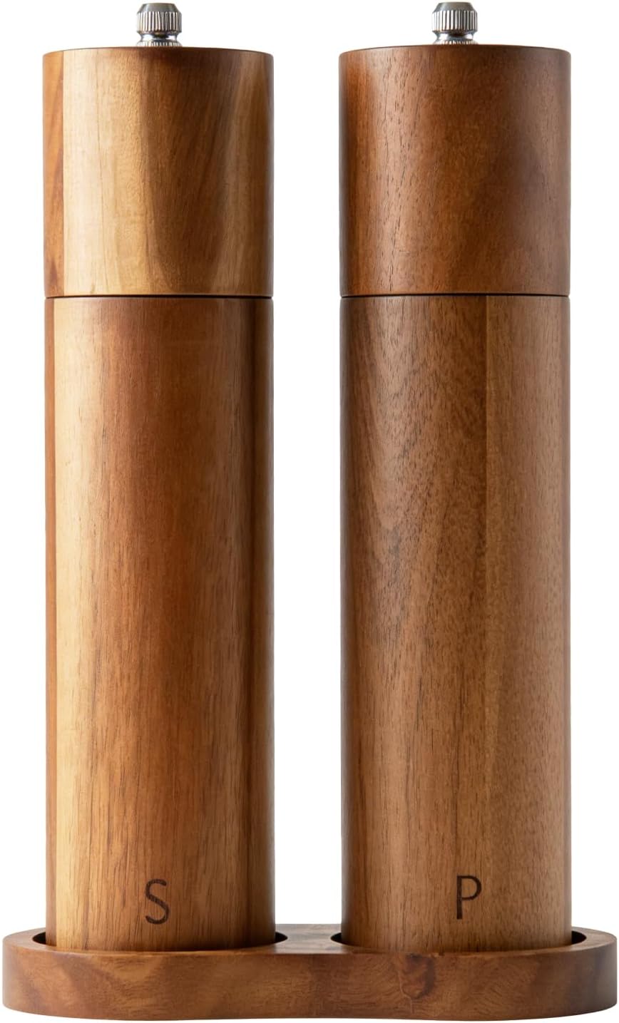 8 Inch Acacia Wooden Salt and Pepper Grinder Set, Refillable Salt and Pepper Mills Adjustable Coarseness, Salt and Pepper Shakers Matching Wooden Tray, Spice Grinder for Kitchen