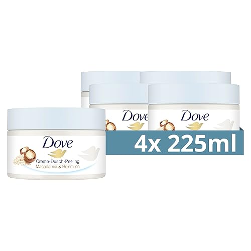 Dove Creme-Dusch-Peeling Macadamia & Reismilch Scrub Körper Peeling für geschmeidige Haut Hautpflege mit Jojobawachs-Perlen 4x 225 ml - 225 ml (4er Pack)