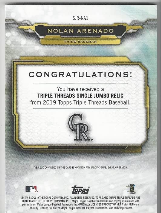 Nolan Arenado Purple Parallel Serial Numbered #04/27 Single Jumbo Relic Game Used Memorabilia Collectible Baseball Card - 2019 Topps Triple Threads Collectible Baseball Card #SJR-NA1 (Rockies) Free Shipping