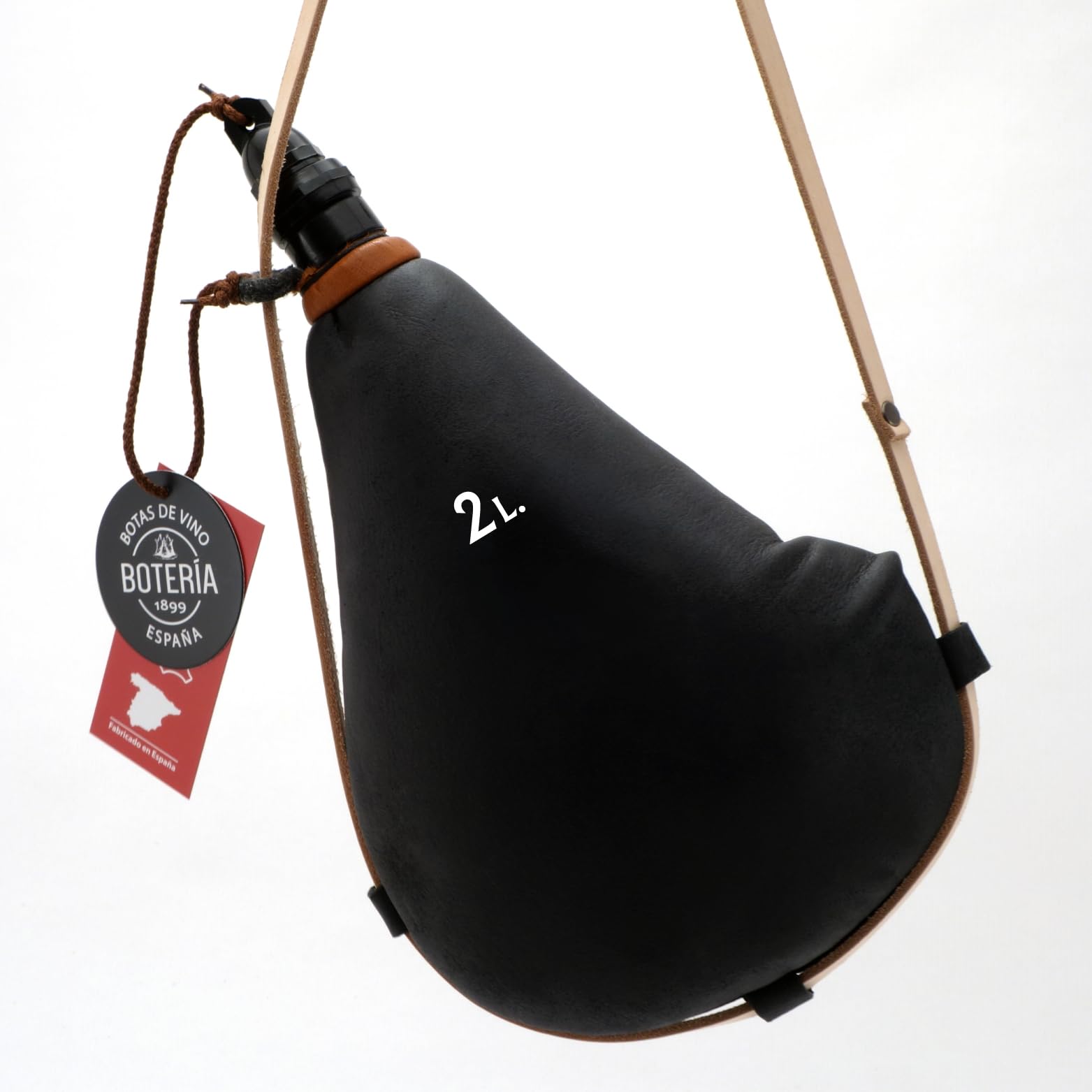 Bota de Vino Antigua Recta interior de Látex todas las Bebidas Piel de Cabra Curada Color Cuero Negro (2 Litros)