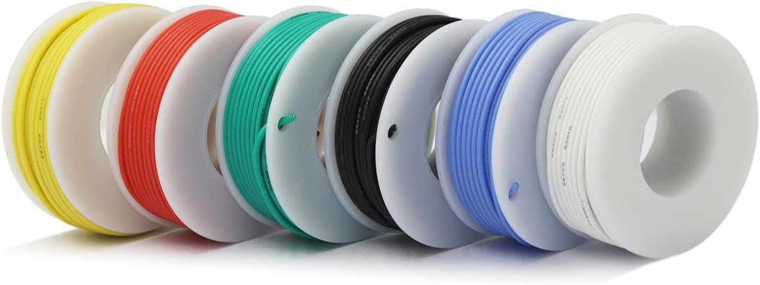 Close-up of six spools of flexible silicone wire in various colors