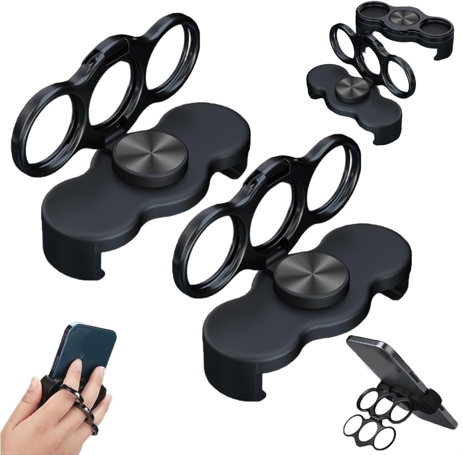 Dual-Ring Three-Finger Back Clip Holder, Magnetic Multipurpose Foldable Phone Grip Holder, 360 Rotation Phone Ring Holder Finger Kickstand, for Car (2pcs Black)
