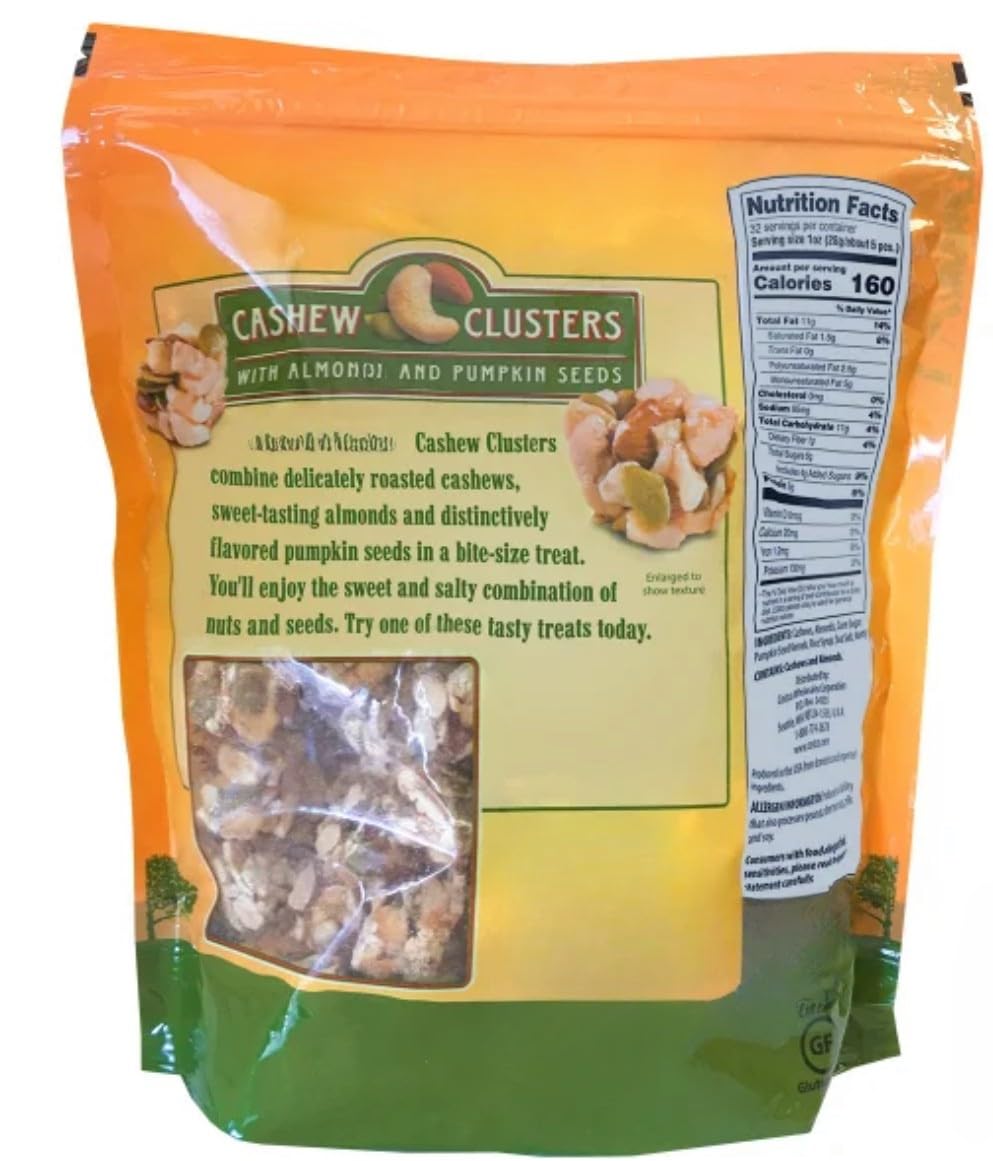 Kirkland Cashew Clusters with Almonds & Pumpkin Seeds – 50% Cashews, Gluten-Free, Kosher, Crunchy Snack Mix, 32 oz Resealable Bag