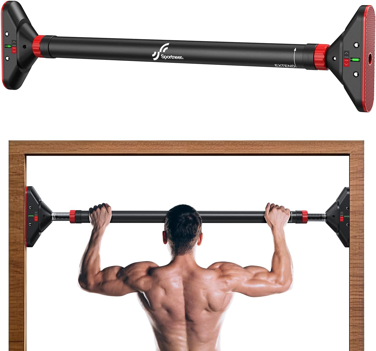 Sportneer Pull Up Bar Adjustable 75-94Cm Length Max Load 200KG Hanging Rod For Height Increase No Screws Hanging Bar For Push Up Chin Up For Home Workout Gym(Red & Black)