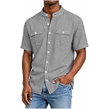 Mens Casual Shirts Mandarin Collar Short Sleeve Pockets