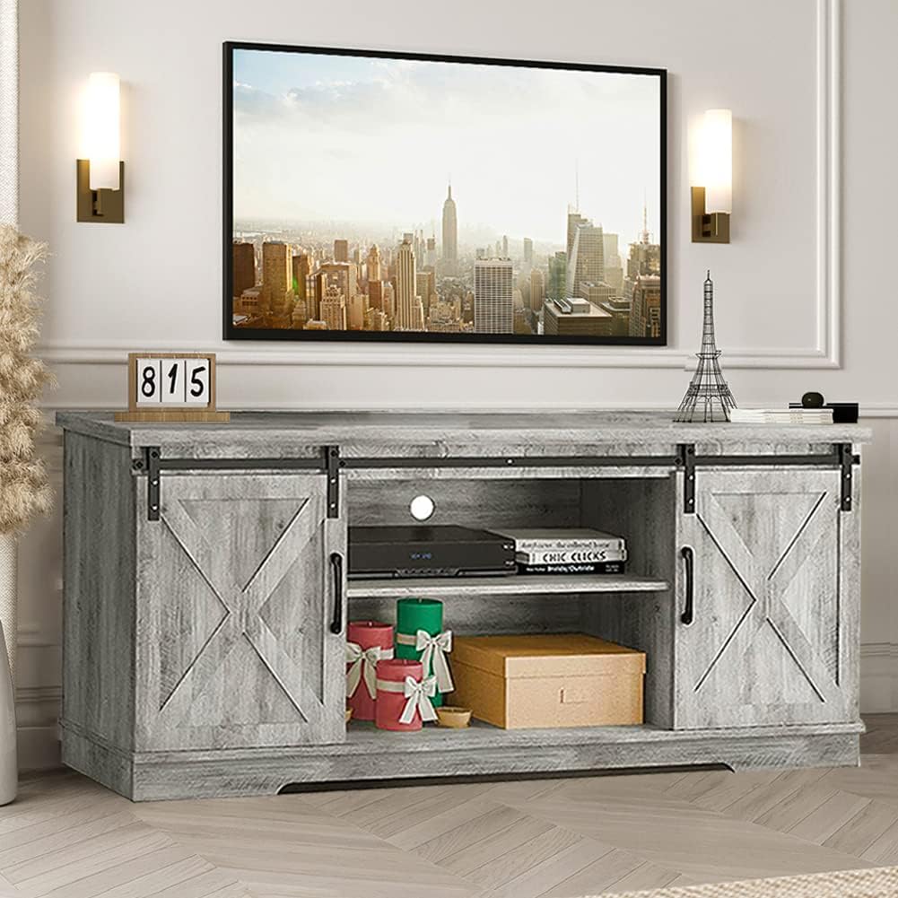 Amyove Farmhouse TV Stand - 65 Inch Entertainment Center, Grey TV Media Console with Storage, Barn Doors, Shelves - Modern TV Console Table for Living Room