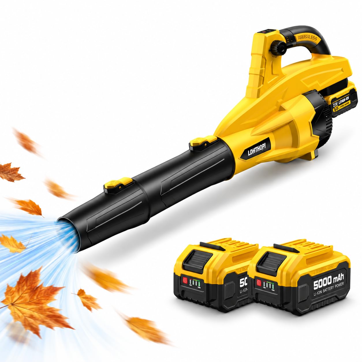 LDHTHOPI Akku-Laubbläser, 320 km/h Bürstenloser Motor, 2X 5000mAh Akkus & Ladegerät, 13-Stufen Kabellos Laubgebläse, 2,6 kg Leicht für Garten, Laub & Schnee