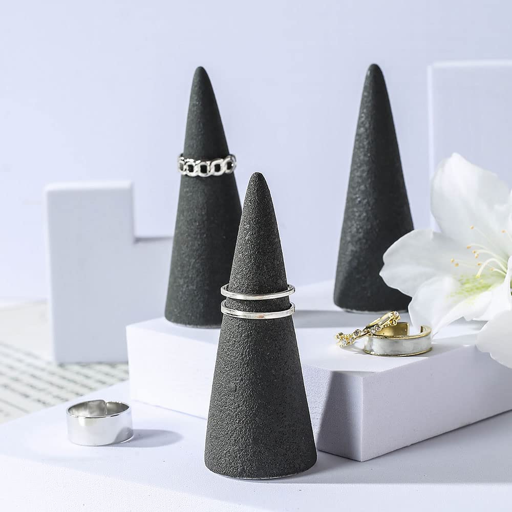 Texture Black Ring Holder Tower Organizers,Ceramic Cone Shape Decorative Display Stand for Jewelry Wedding Engagement Ring, 2pcs set