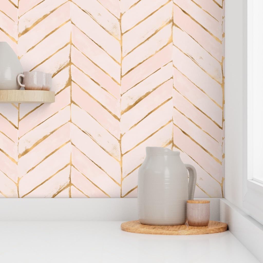 Removable Wallpaper 3ft x 2ft - Blush Pink Faux Gold Chevron Herringbone Painted Peach Boho Custom Pre-Pasted Wallpaper by Spoonflower