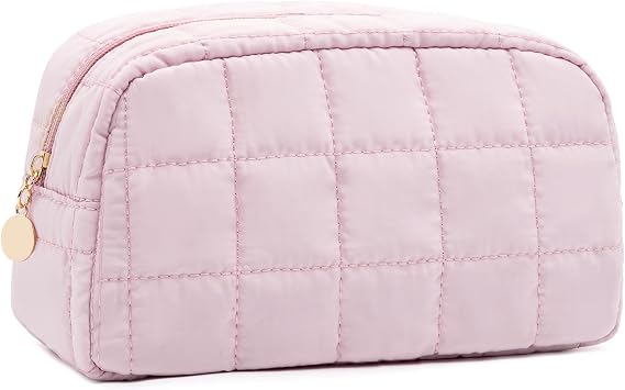 LOVELYWIND Makeup Bag, Quilted Puffy Travel Toiletry Bag with Compartments, Wide-Open Cosmetic Bag for Women, Pouch Purse Organizer, Pink