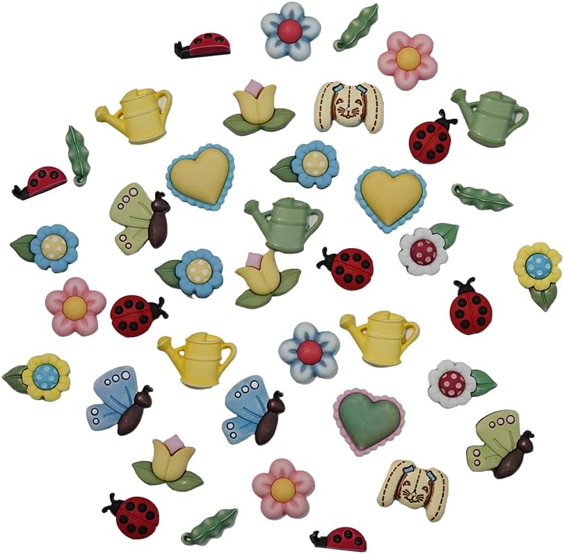 Garden Theme Decorative Buttons, 50-Pack, Spring Designs with Flowers, Ladybugs, Butterflies, 3D Shank Style for Crafts