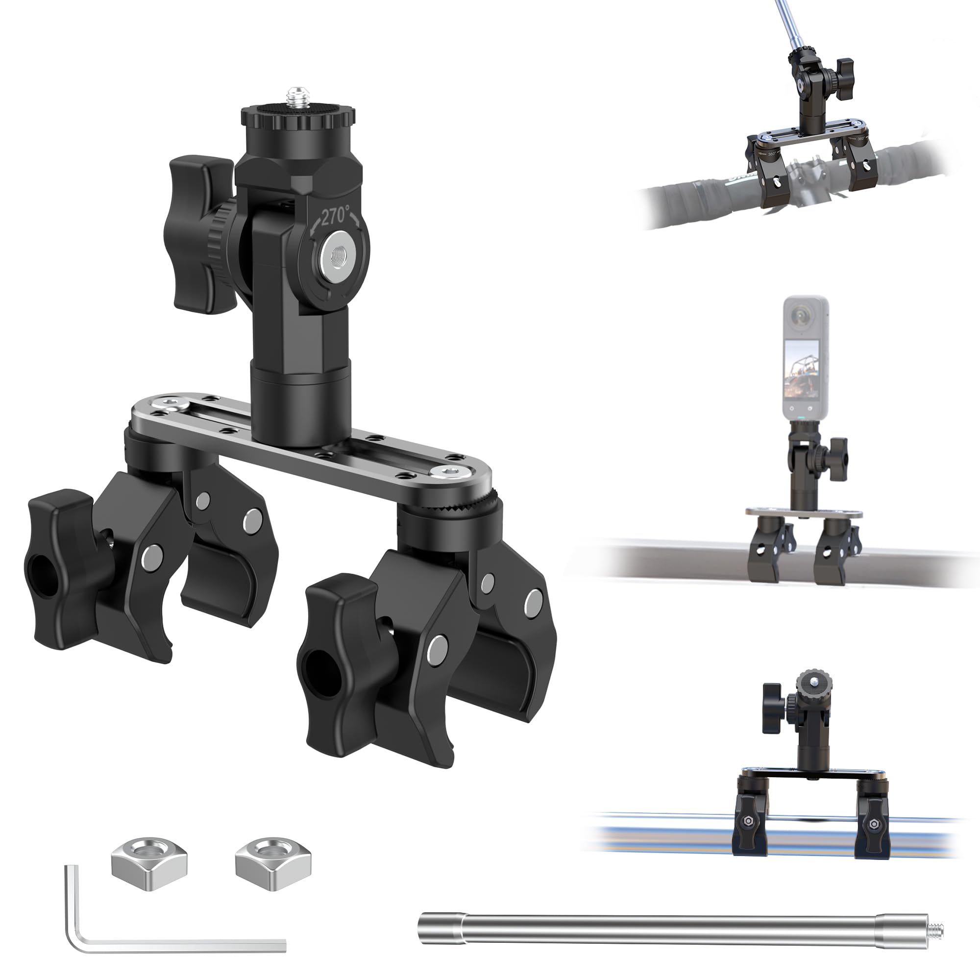 ClouGlow Double Headed Crab Clamp Mount for Insta360 X5/GoPro 13/DJI Action,Clip with Extension Rod for Motorcycle/Bicycle Handlebar,Adjustable Arm