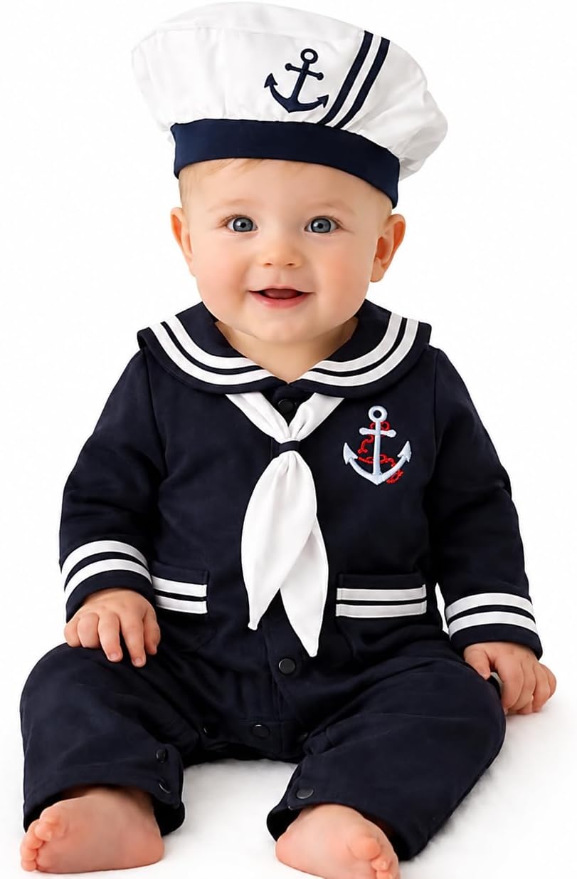 stylesilove.com Baby Boy Marine Sailor Cotton Romper Onesie with Hat and Necktie 3pcs Holiday Outfit