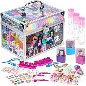 Townley Girl DIY Train Case Makeup Beauty set Includes Bracelet Beads & String, Tattoos, Lip Gloss, Hair Clips, Nail Polish & Much More for Girls, Ages 6+ Perfect for Parties, Sleepovers & Makeovers