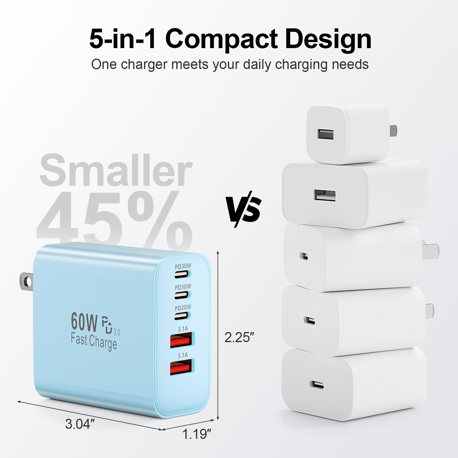 Bloc de charge rapide USB C, 60 W, 5 ports de type C, charge rapide (bleu)