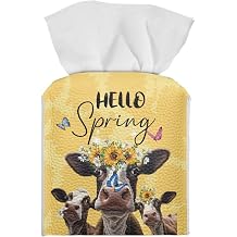 Spring Cow Tissue Box Cover Square Tissue Cover Leather Tissue Box Cover Holder Case Home Decorative Kleenex Box Covers Organizer for Tabletop, Vanity Countertop, Bathroom, Car, Office