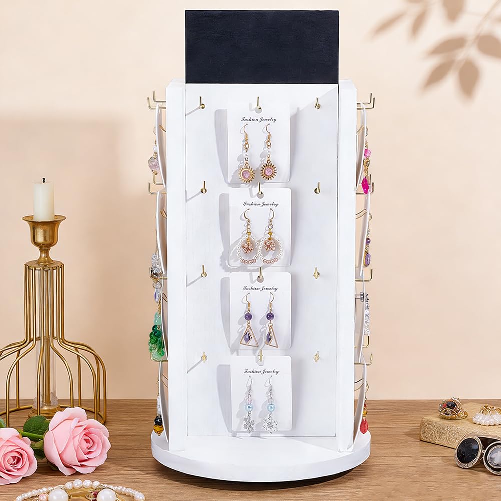 PH PandaHall Espositore per orecchini girevole in legno per vendita tour di presentazione di gioielli espositore per orecchini bianco con pannello pubblicitario per venditore, 41 ganci, 22 x 45 cm