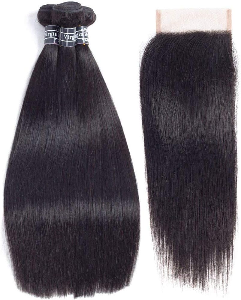 Amella Hair Brazilian Straight Hair 3 Bundles with Closure (14” 16” 18” with 12”, Natural Color)8A Virgin Unprocessed Human Hair Bundles with Closure Brazilian Hair with Closure Free Part