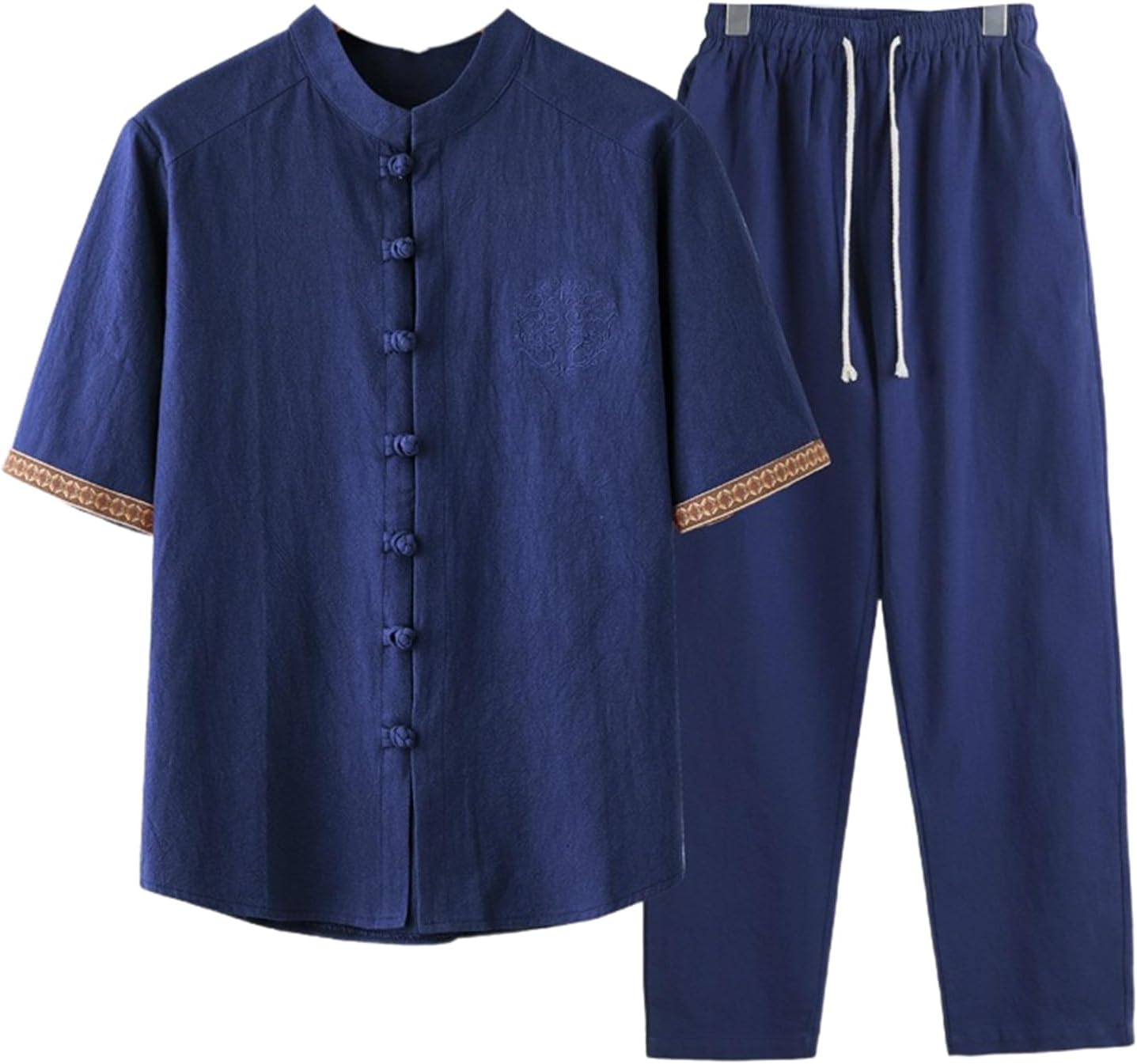 Men's Summer Set Chinese Style Tang Suit Linen Short Sleeve Shirt Cotton Linen 2 Piece Outfit