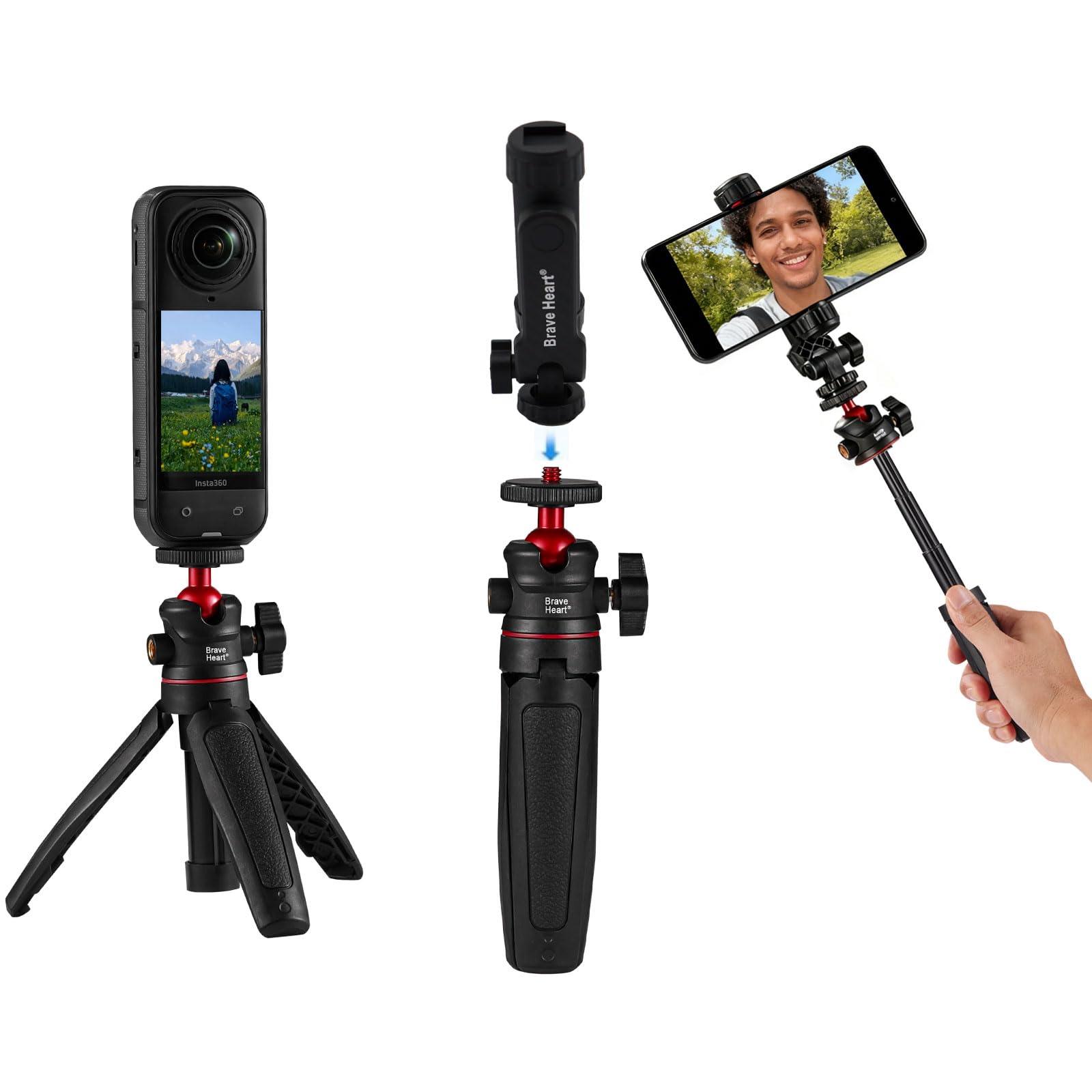 Mini trípode negro con montaje de tornillo de 1/4 pulgadas para Insta360 X5, DJI OSMO Pocket 3 y cámaras Sony/Canon/Nikon compactas, ligeras y portátiles, soporte de mano para vlogging y grabación de