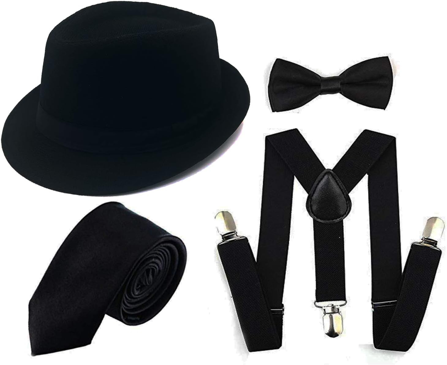 1920s Men Accessory Set Manhattan Hat, Y-Back Suspenders, Pre Tied Bow Tie,Gangster Tie for Theme Party, Halloween