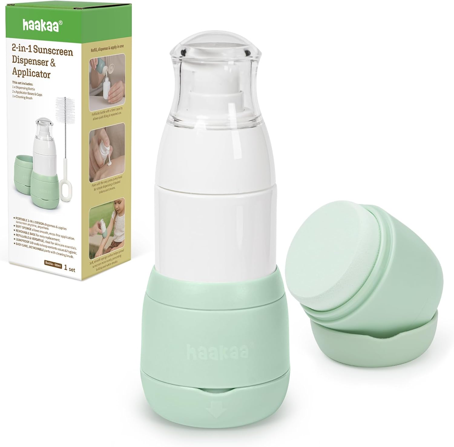 Haakaa Sunscreen Applicator, 2-in-1 Refillable Sunscreen Dispenser & Applicator for Kids with Soft Sponge Head, Leakproof Travel Sunblock Applicator, 1.7 oz, 2 Base