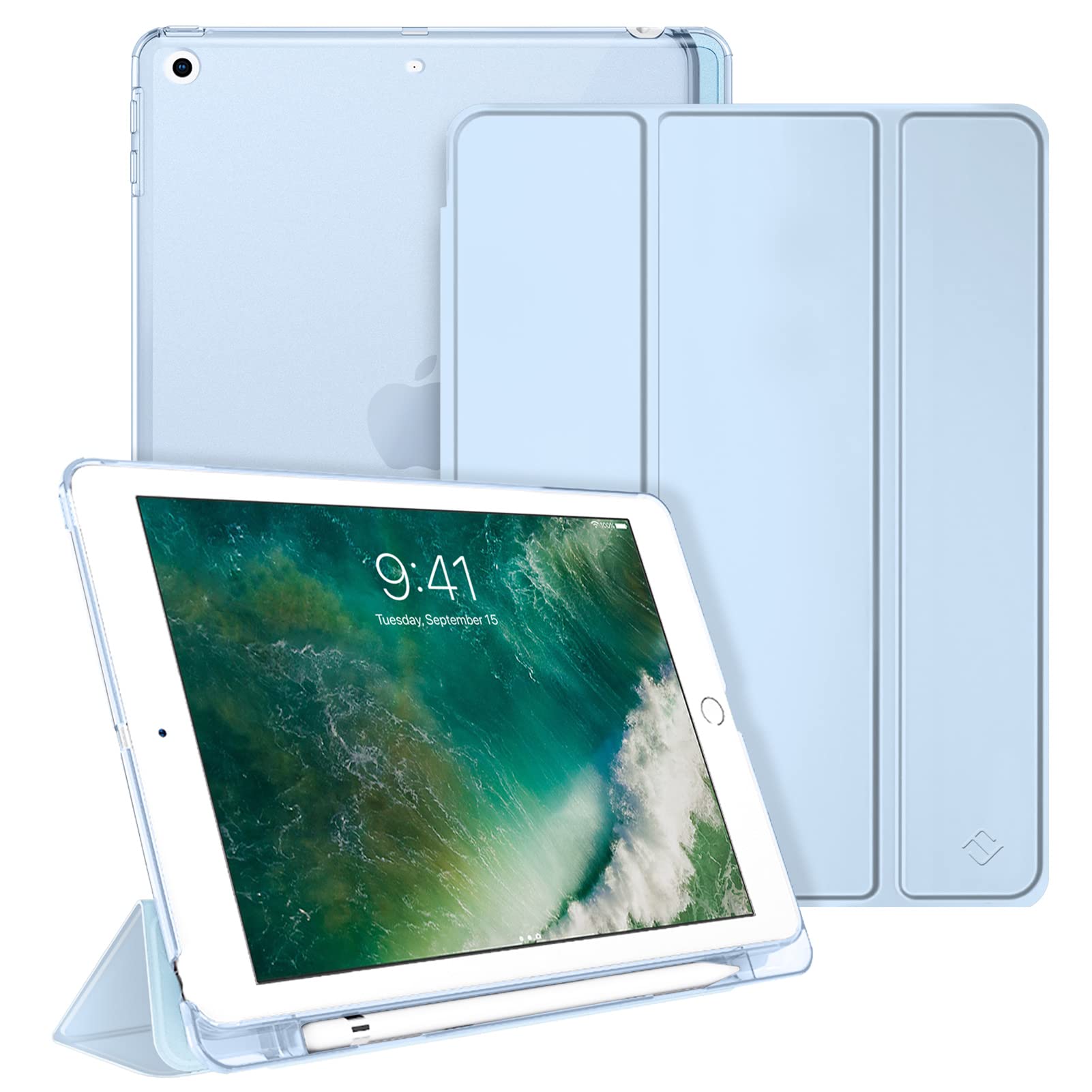 Fintie Hülle für iPad 9.7 Zoll 6. Generation 2018/5. Generation 2017 mit Pencil Halter- Ultradünn Superleicht Schutzhülle mit transparenter Rückseite Abdeckung Cover, Auto Schlaf/Wach, Himmelblau