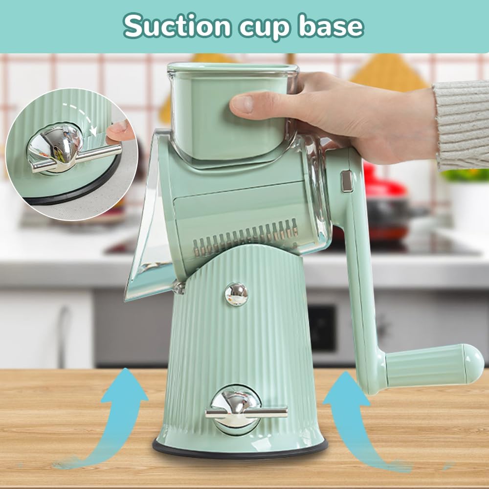 5 In 1 Cheese Grater, 2025 New 5 In 1 Rotary Cheese Grater Vegetable Slicer with 5 Blades, Multifunction 5 in 1 Food Chopper for Cheese, Vegetables Fruit (Green)