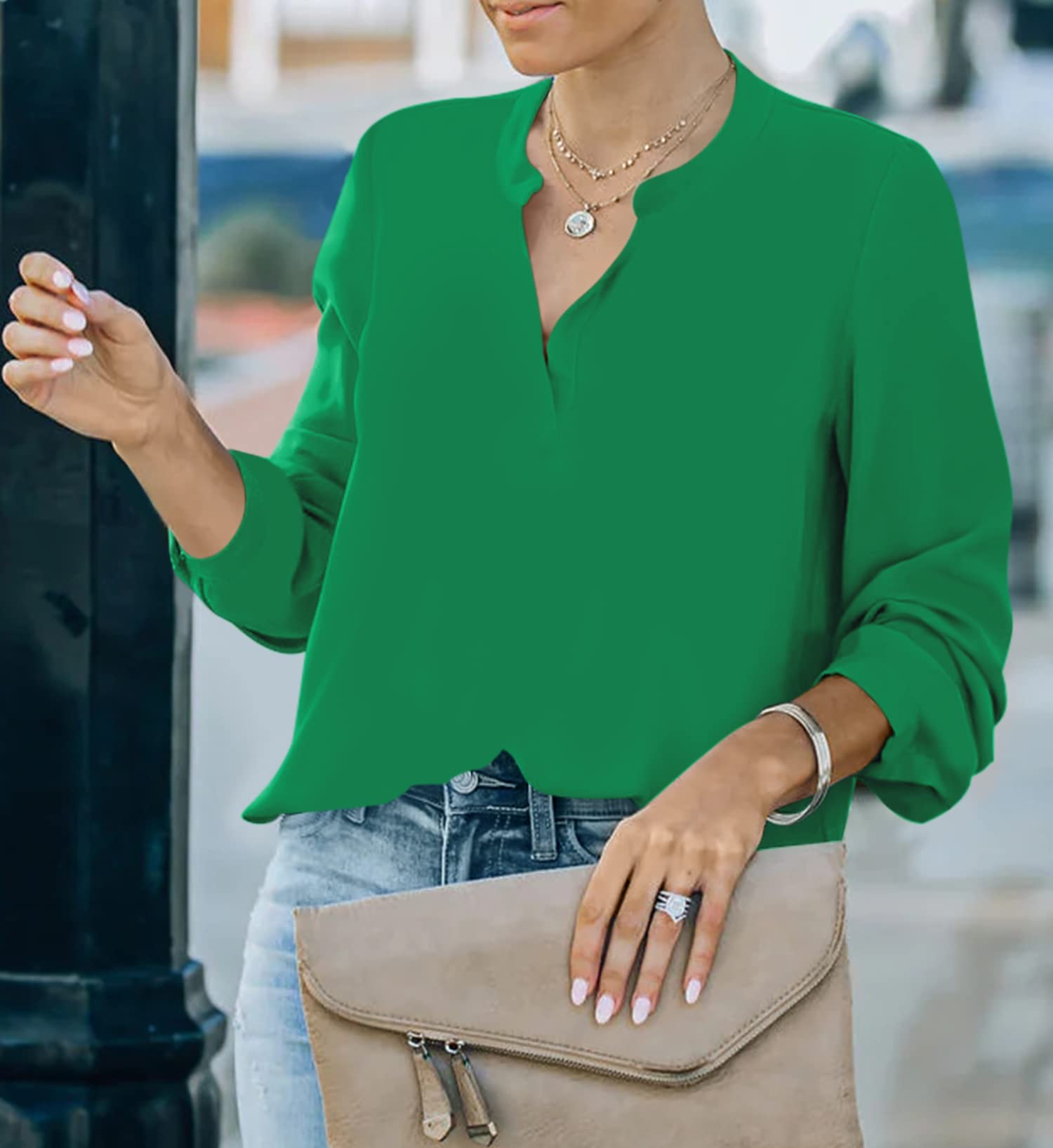 Chemisier élégant pour Femme - Col en V - Manches Longues - Décontracté - Tunique à Manches Longues - Couleur Unie