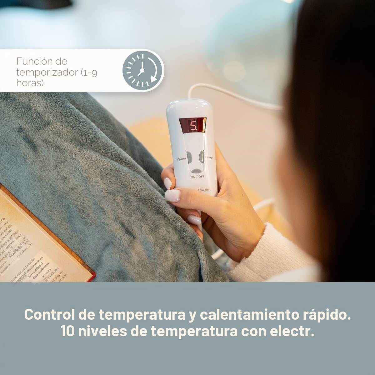 ProfiCare WZD 3061 Manta Eléctrica Grande Térmica, 130 x 180 cm, Mando Pantalla LED, Apagado Automático, 10 Niveles Potencia, Lavable, 180 W (330610)