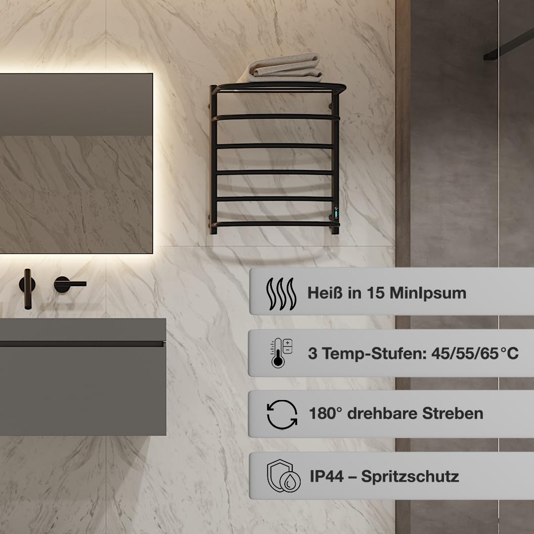 Elna Scaldasalviette Nero - 127W - 610x530mm - Elettrico con Ripiano - Per Casa e Famiglia - Acciaio Inox - Con Termostato, Timer & Eco - IP44 - Montaggio a parete