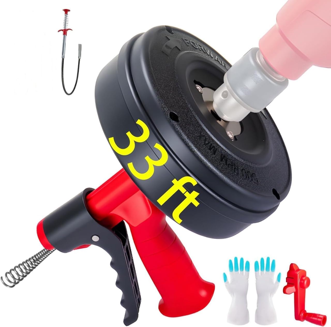 Drain Snake Hair Drain Clog Remover,SEVVETROOL Plumbing Drain Auger Snake Drill Attachment Toilet Snake for Bathroom Kitchen Tub Shower Drain Clog Remover with Gloves(33ft/10M) Red+Black 10M/33ft