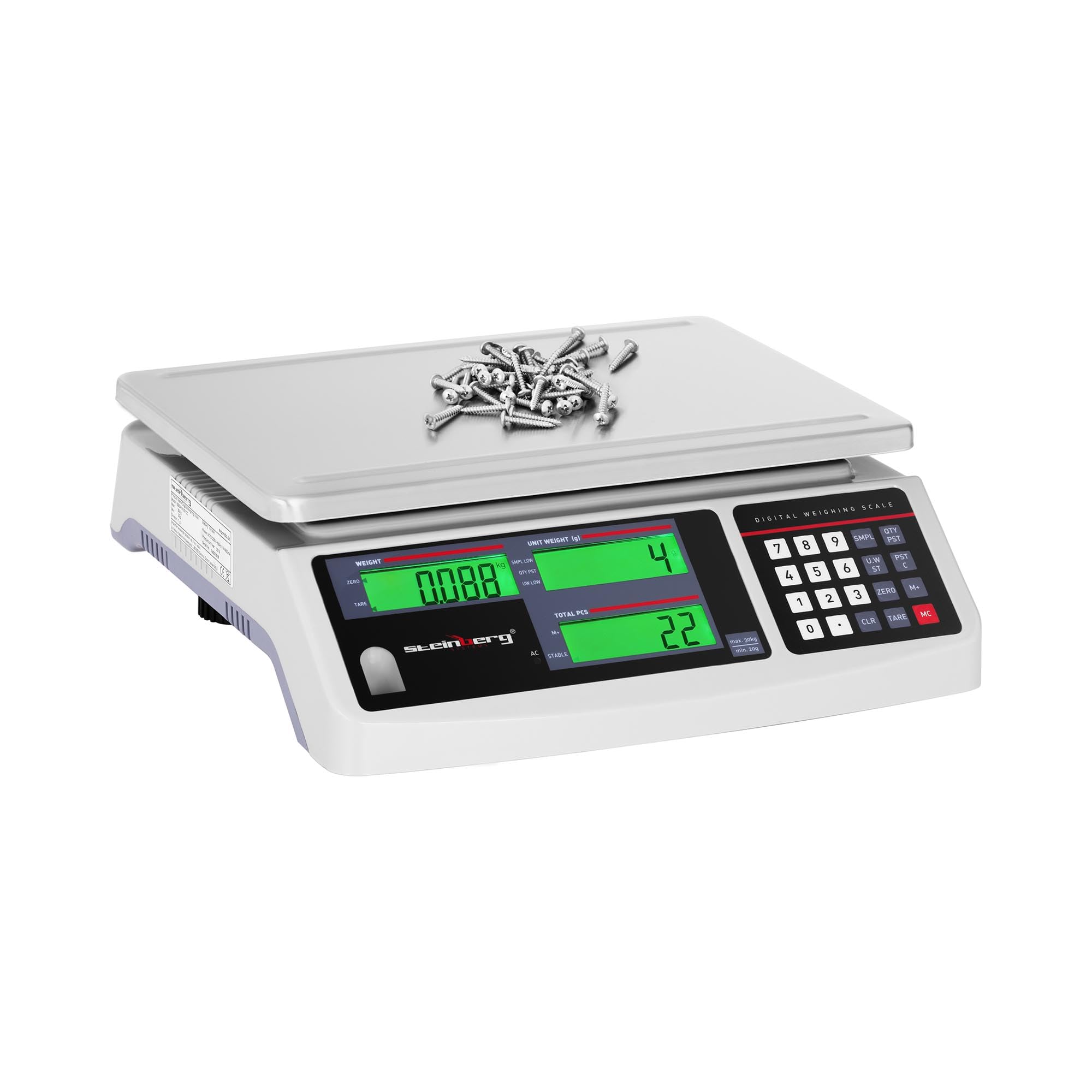 Steinberg Systems Balanza Cuentapiezas Báscula Digital SBS-PW-301CC (Acero inoxidable/PVC, 3 LCD, Batería hasta 72 h, 30 kg / 1 g)