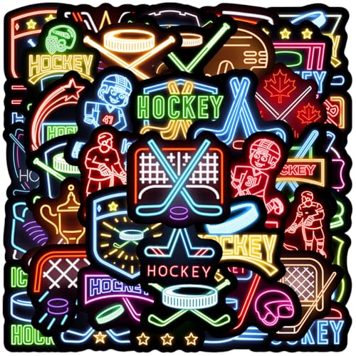 50pcs Neon Ice Hockey Waterproof Vinyl Stickers - Hockey Decor & Party Favors for Laptop Water Bottle Classroom