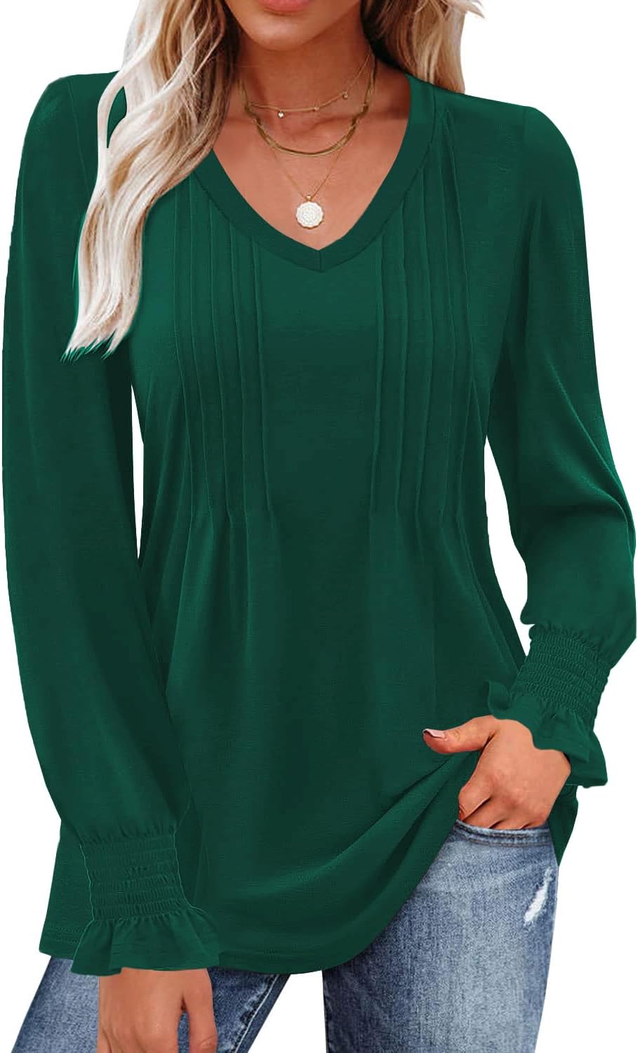 QOAAIEWomens Blouses Long Sleeve V Neck Business Work Shirts Dressy Casual Spring Boho Tops