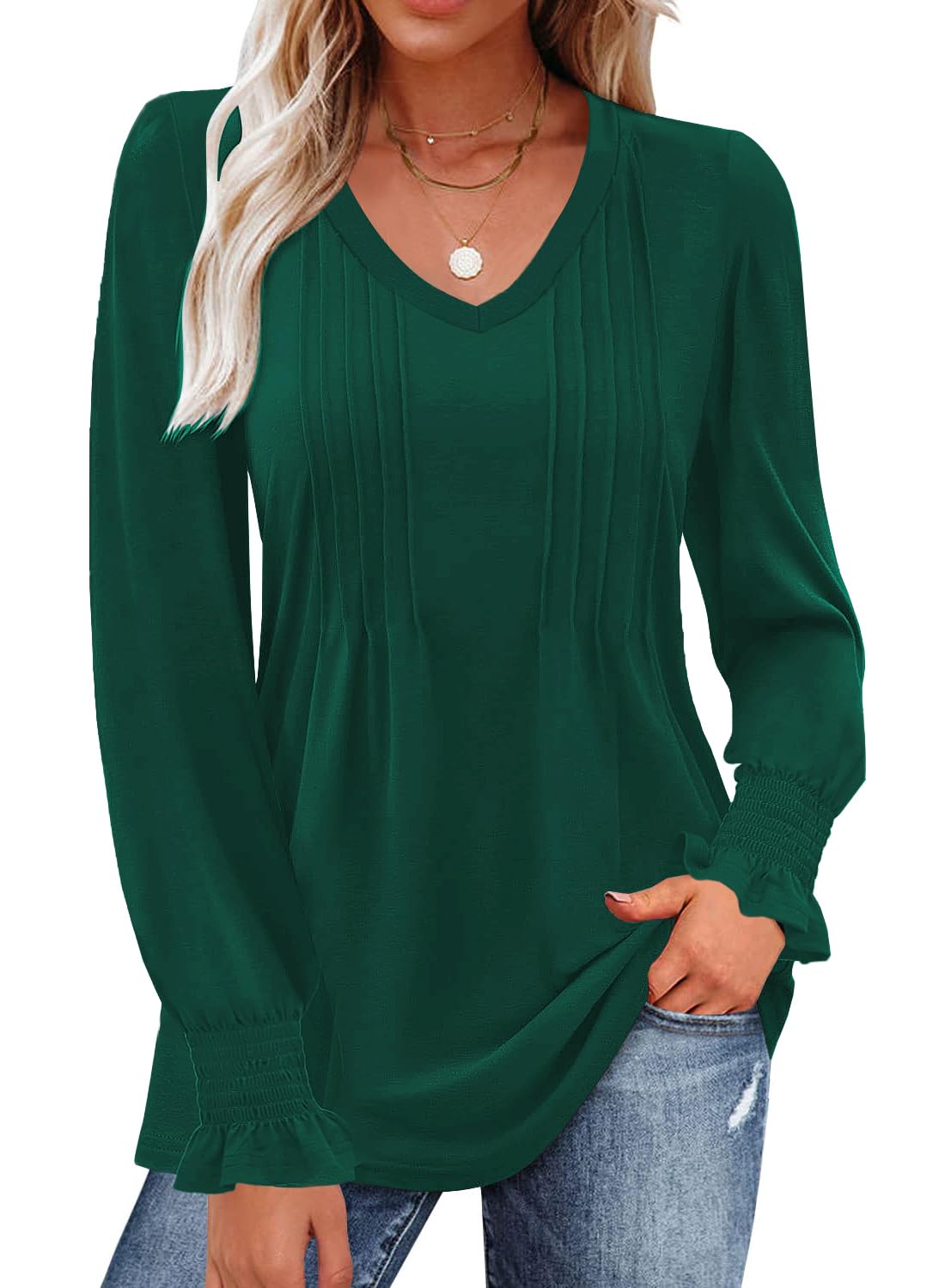 QOAAIEWomens Blouses Long Sleeve V Neck Business Work Shirts Dressy Casual Spring Boho Tops