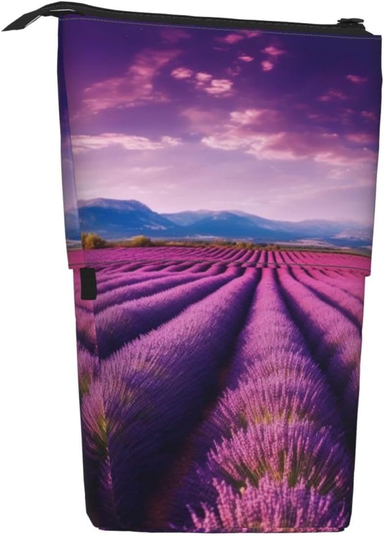 Standing Pencil Case, Cute Telescopic Pencil Pouch, lavender fields Pencil Bag, Kawaii Stand up Pen Holder, Portable Aesthetic Makeup Bag for Christmas Holiday New Year Office Bag image 2