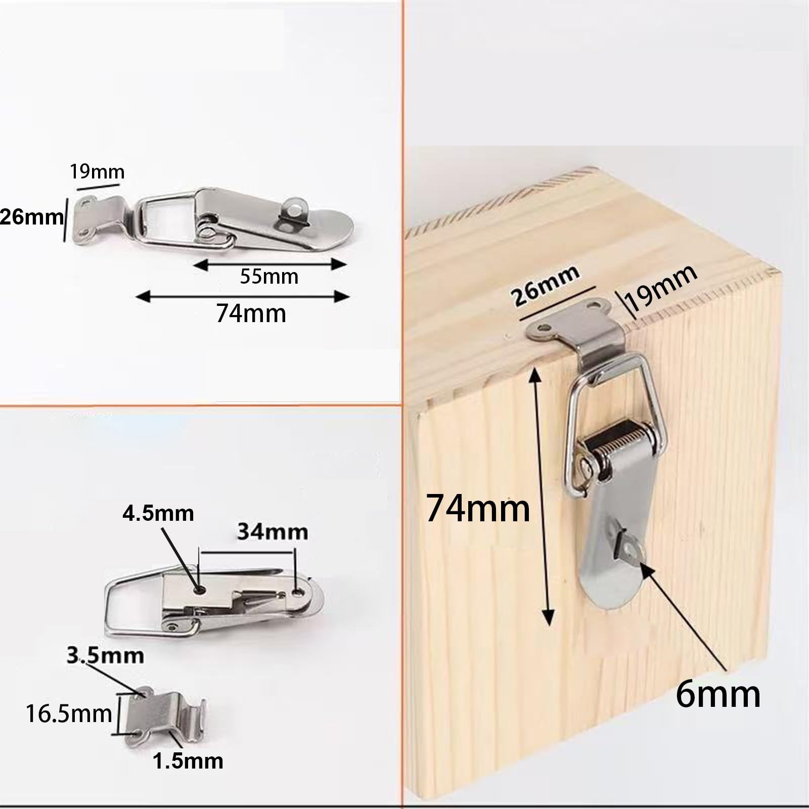 74mm Spring Toggle Latch Hasp, 2Pcs Stainless Steel Tension Clasp with Lock Ring, Duck Billed Buckles for Cabinet Box Drawer - Image 2