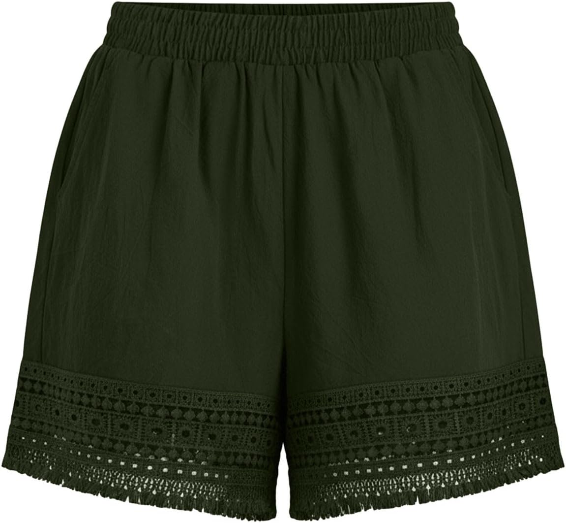Womens Boho Shorts Summer Casual Elastic Waist Lounge Shorts Lace Hollow Out Hem Comfy Beach Vacation Shorts