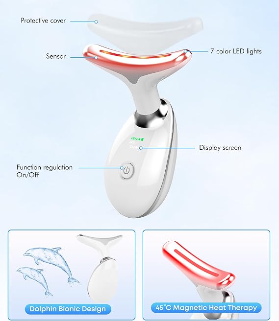 SDKWDH Red Light Therapy for Face and Neck, 7 Color Face Massager Tool for Wrinkles, Double Chin, Vibrating Facial Massager with Thermals for Skin Care, Gifts for Women Men, Glossy White
