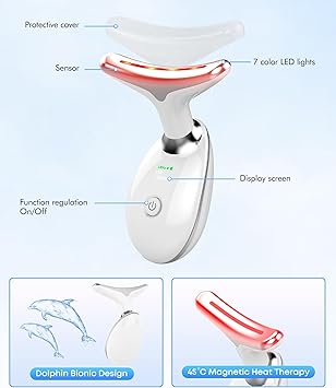 SDKWDH Red Light Therapy for Face and Neck, 7 Color Face Massager Tool for Wrinkles, Double Chin, Vibrating Facial Massager with Thermals for Skin Care, Gifts for Women Men, Glossy White