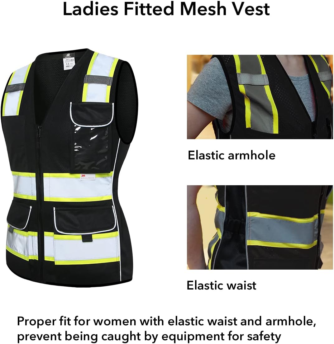 Dib Safety Vest for Women with Pockets, Mesh Reflective Vest High Visibility, ANSI Class 2 Made with 3M Reflective Tape, Black S - Image 3