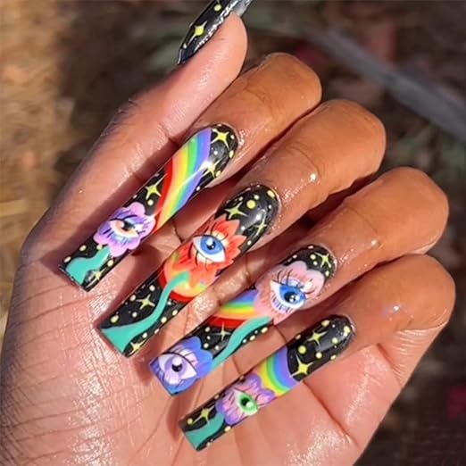 Long Acrylic Press on Nails Rainbow Coffin Fake Nails Black