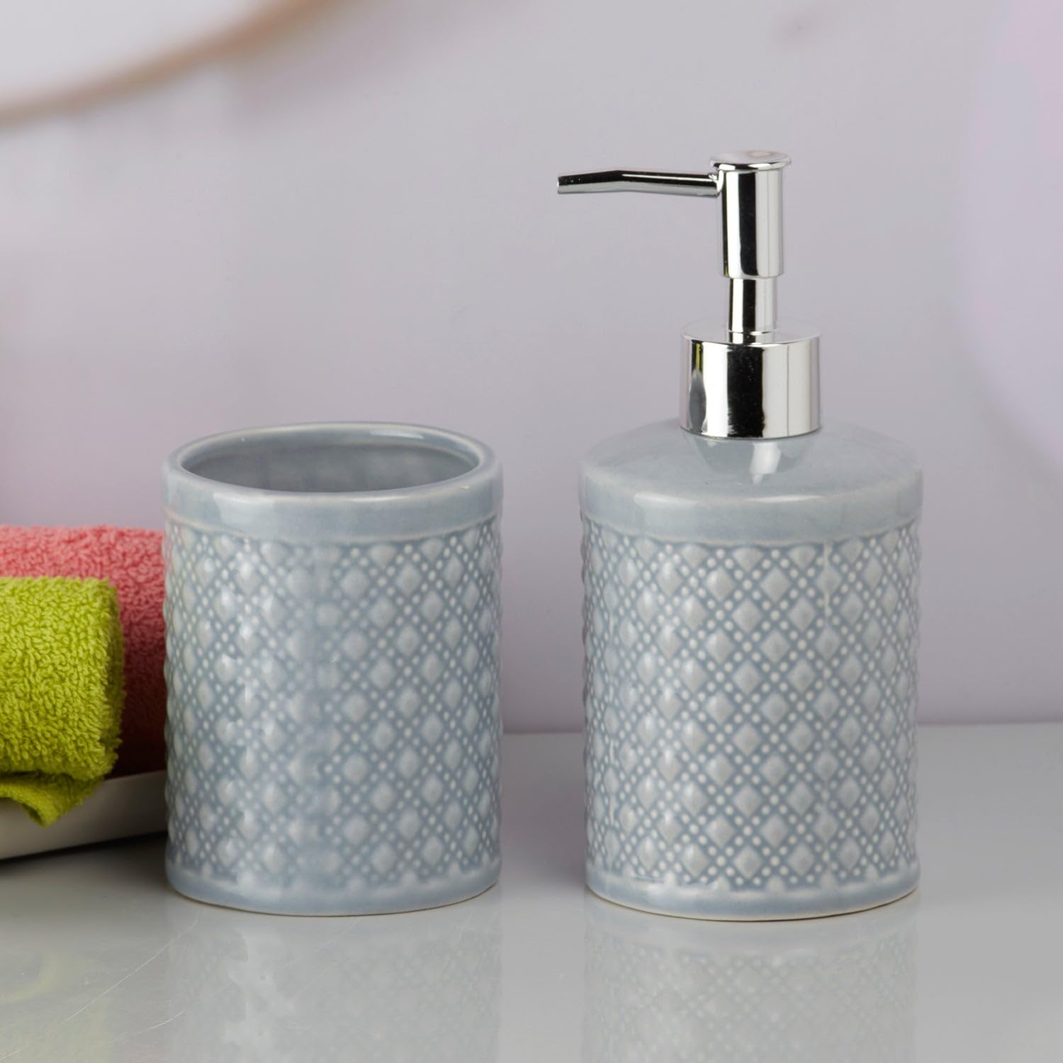 SaSaSa Ceramic Bathroom Set – Elegant Set of 2 Bath Accessory Kit with Soap Dispenser & Toothbrush Holder – Modern Bathroom Decor for Home & Guests (9605) 2