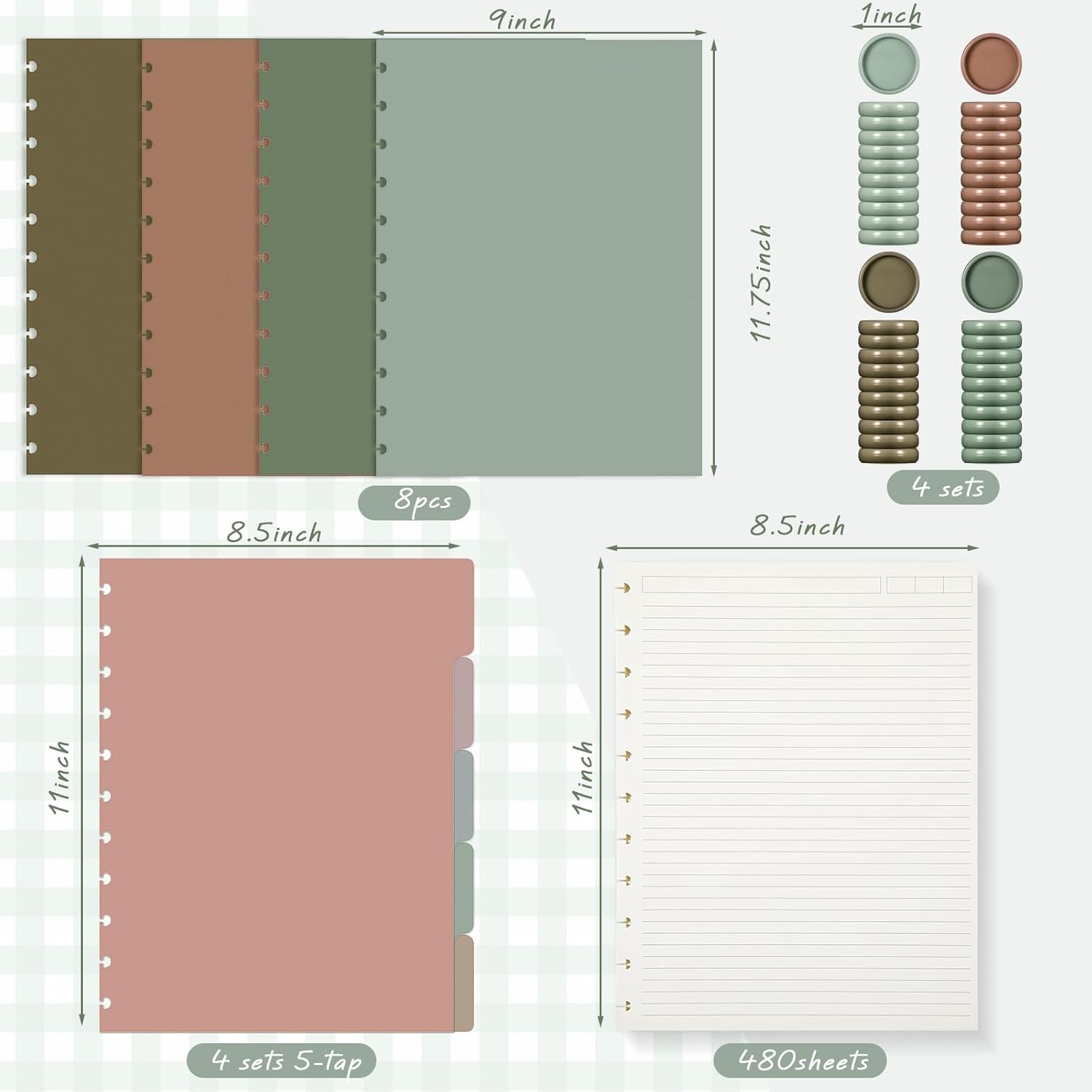 Glenmal 4 Sets Discbound Notebook, 8.5" x 11" Customizable Notebook Letter Size Includes Discs 5 Tab Note Dividers College Ruled Removable Pages Refillable Subject Journal for Office(Elegant Color)