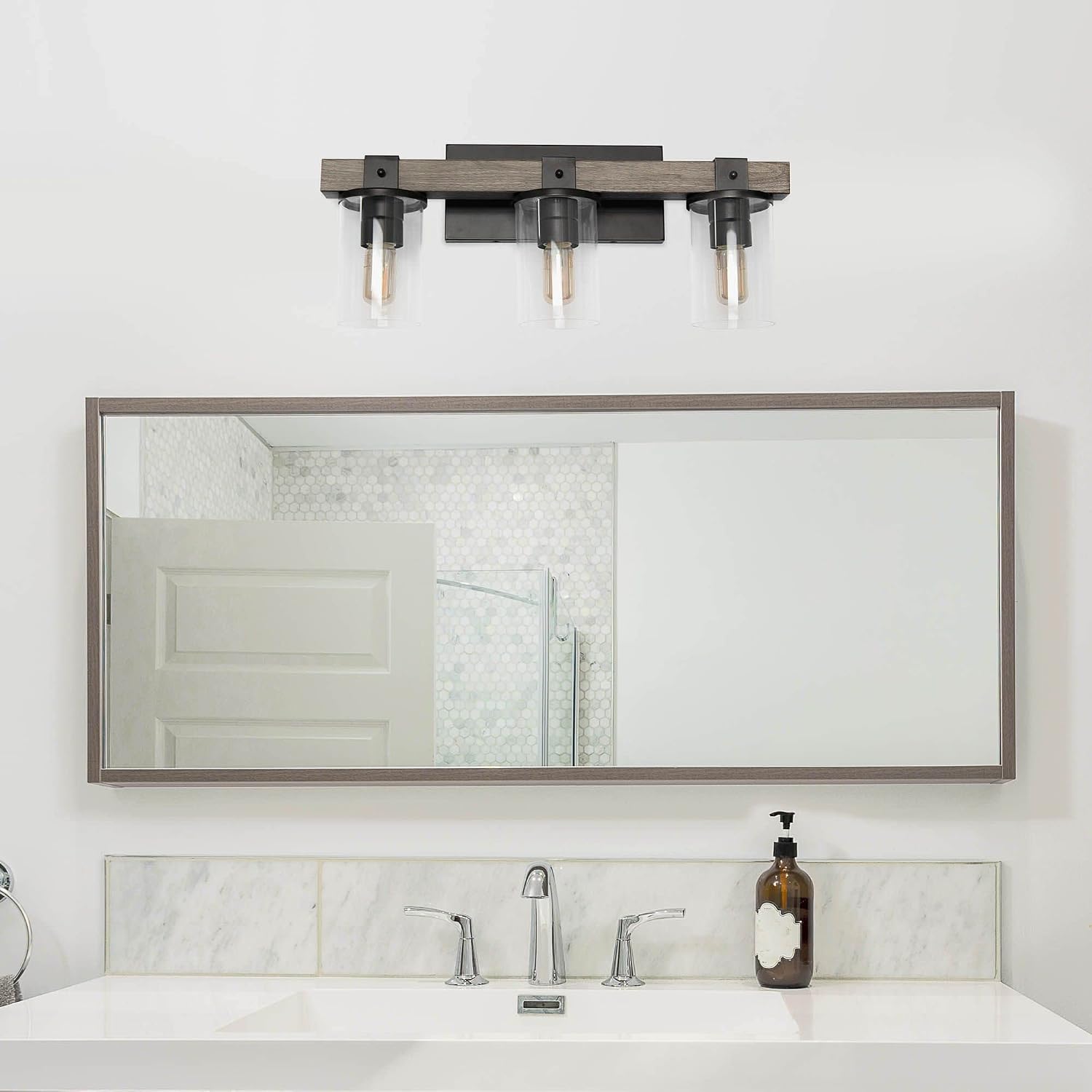 Elegant Designs VT1009-GRY Industrial Rustic Lantern Restored Wood Look 3 Light Bath Vanity, Gray