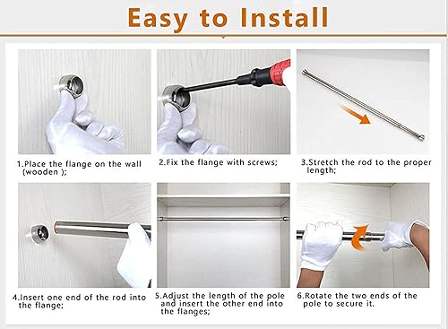 Miniatura 4 de Barra de armario ajustable de 18 a 30 pulgadas, barra colgante de pared para armario, barra de armario de acero inoxidable 304 de alta calidad con